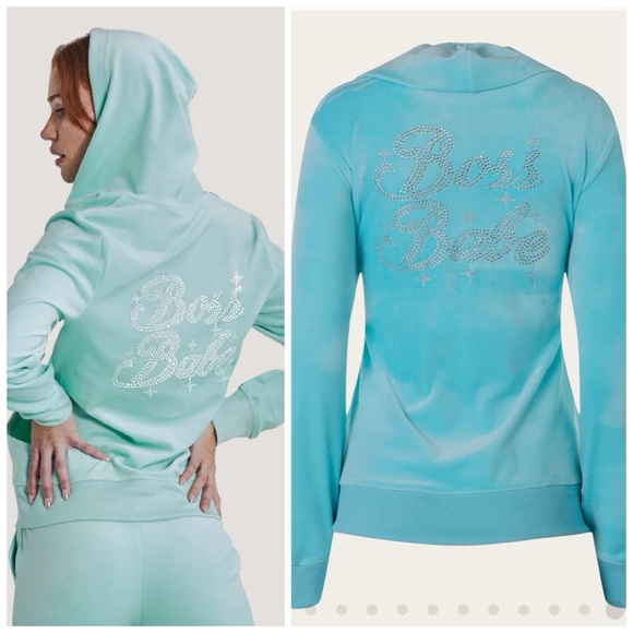 Paris Hilton Sparkle Boss Babe Velour Hoodie Arctic Blue M NWT - Picture 1 of 11